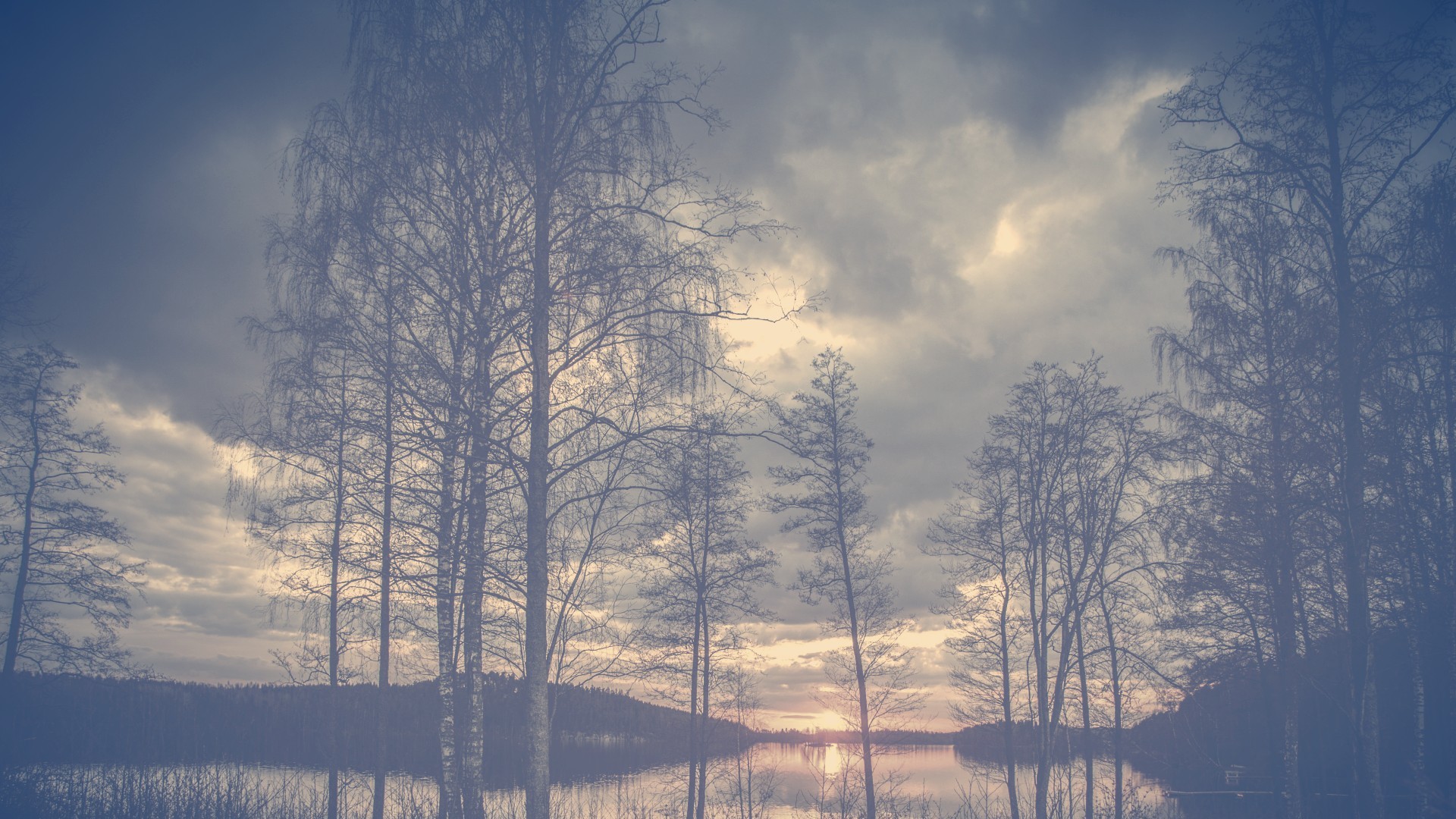 Lake with surrounding birch trees against a cloudy sky with orange sun